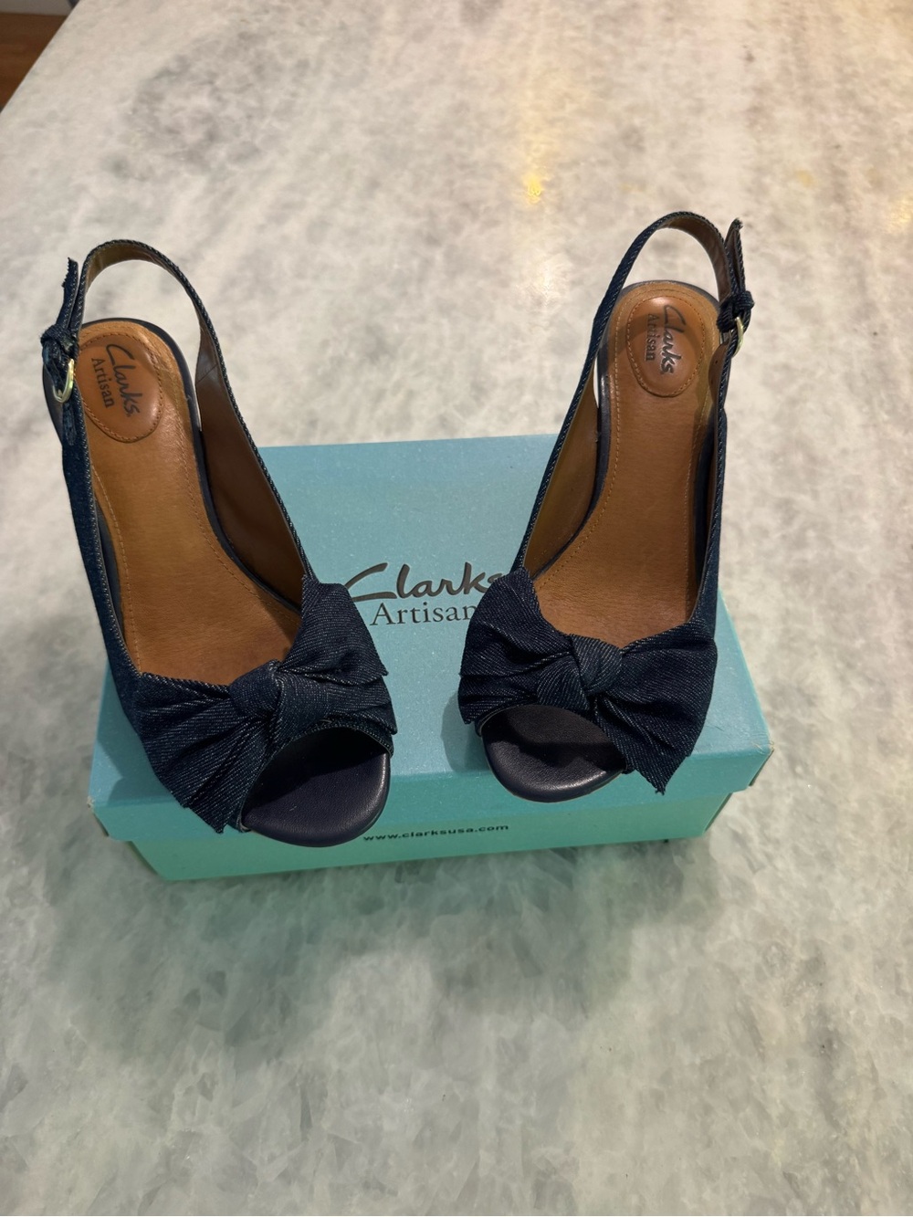Clarks Artisan Denim Bow Dark Navy Peep-Toe Slingback Cork Heels